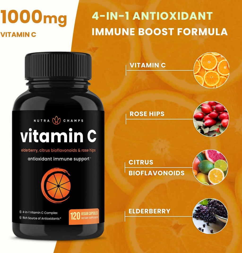 NutraChamps Vitamina C 1000 mg con Escaramujo, Saúco y Bioflavonoides Cítricos - Cápsulas para Inmunidad