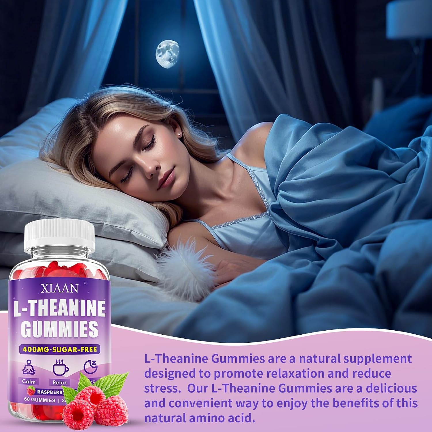 XIAAN Gominolas de L-Teanina 400mg para Calma y Relajación, Vegano, Orgánico, Sabor Frambuesa, 60 unidades