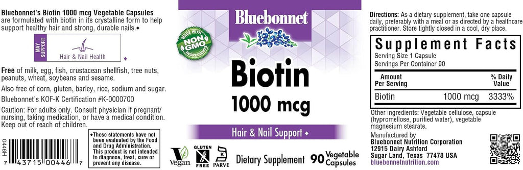 Bluebonnet Nutrition Biotina 1000 mcg, 90 Cápsulas Vegetales