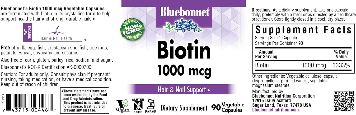 Bluebonnet Nutrition Biotina 1000 mcg, 90 Cápsulas Vegetales
