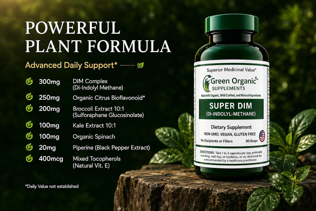 Green Organic Supplements DIM, Diindolylmethane, Indole-3-Carbinol, Brócoli, 90 Cápsulas Veganas, Alta Absorción, No-GMO, Sin Gluten