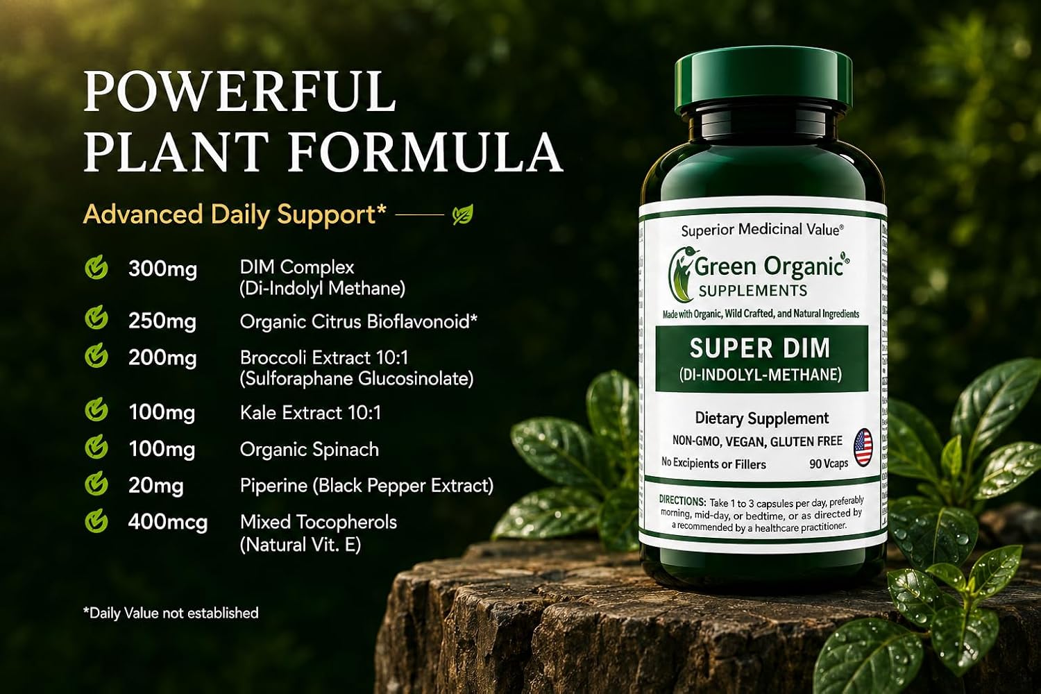 Green Organic Supplements DIM, Diindolylmethane, Indole-3-Carbinol, Brócoli, 90 Cápsulas Veganas, Alta Absorción, No-GMO, Sin Gluten