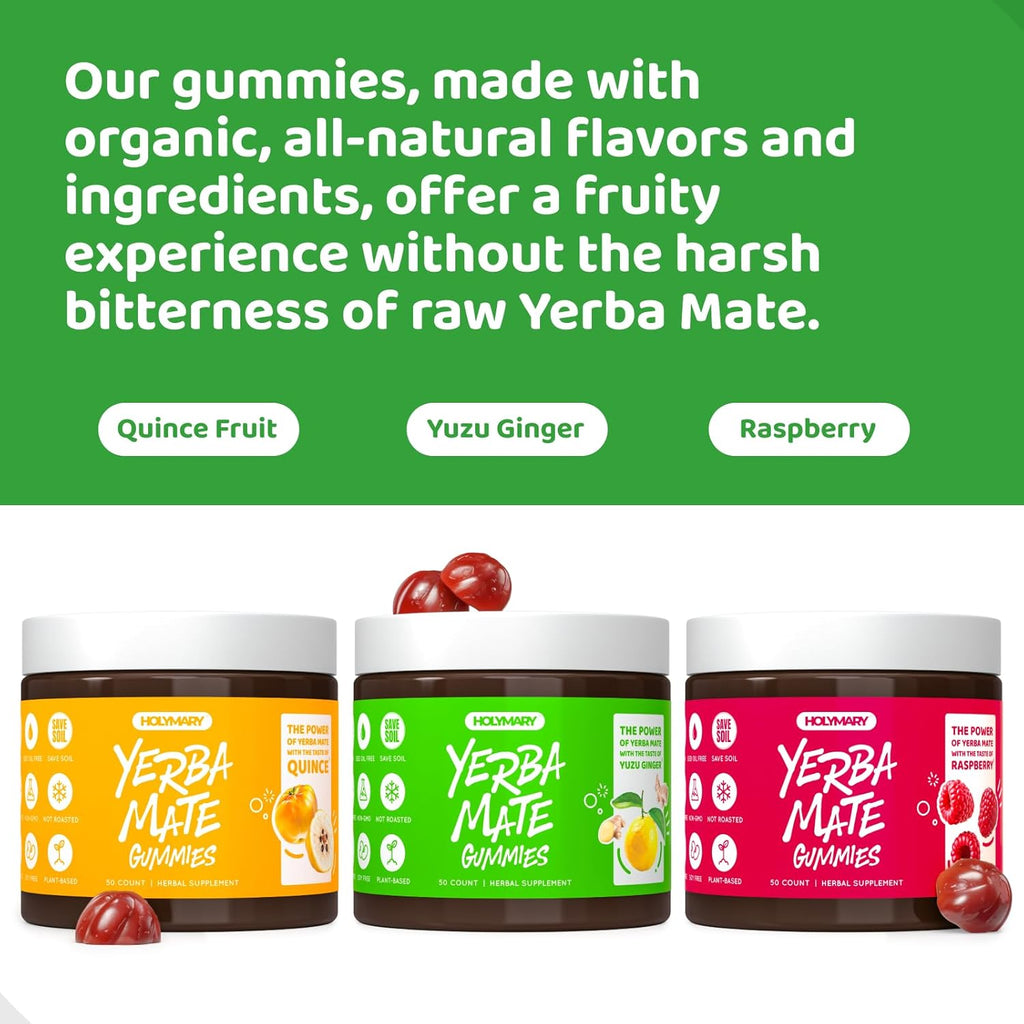 HOLYMARY Gominolas de Yerba Mate Sabor Frambuesa - Energía, Concentración y Vitalidad - Vegano, Sin Gluten, 50 Gominolas