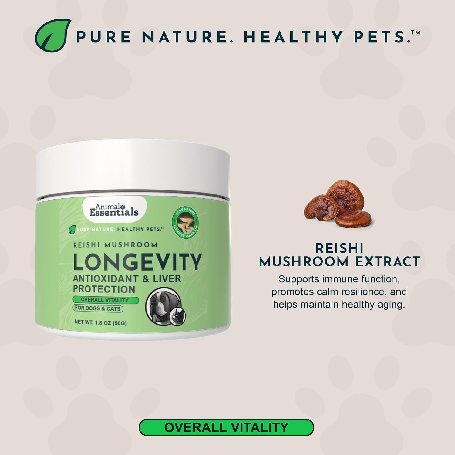 Animal Essentials Longevity Suplemento de Hongo Reishi para Perros y Gatos - Extracto en Polvo, Salud Cardiovascular y Hepática, Antioxidante - 50g