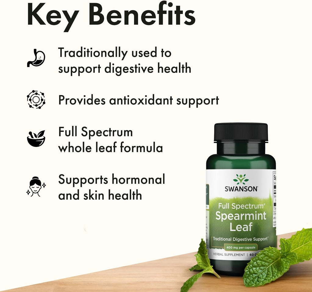Swanson Spearmint Leaf Full Spectrum - Suplemento Digestivo - 400 mg Mentha Spicata (60 Cápsulas, Pack de 2)