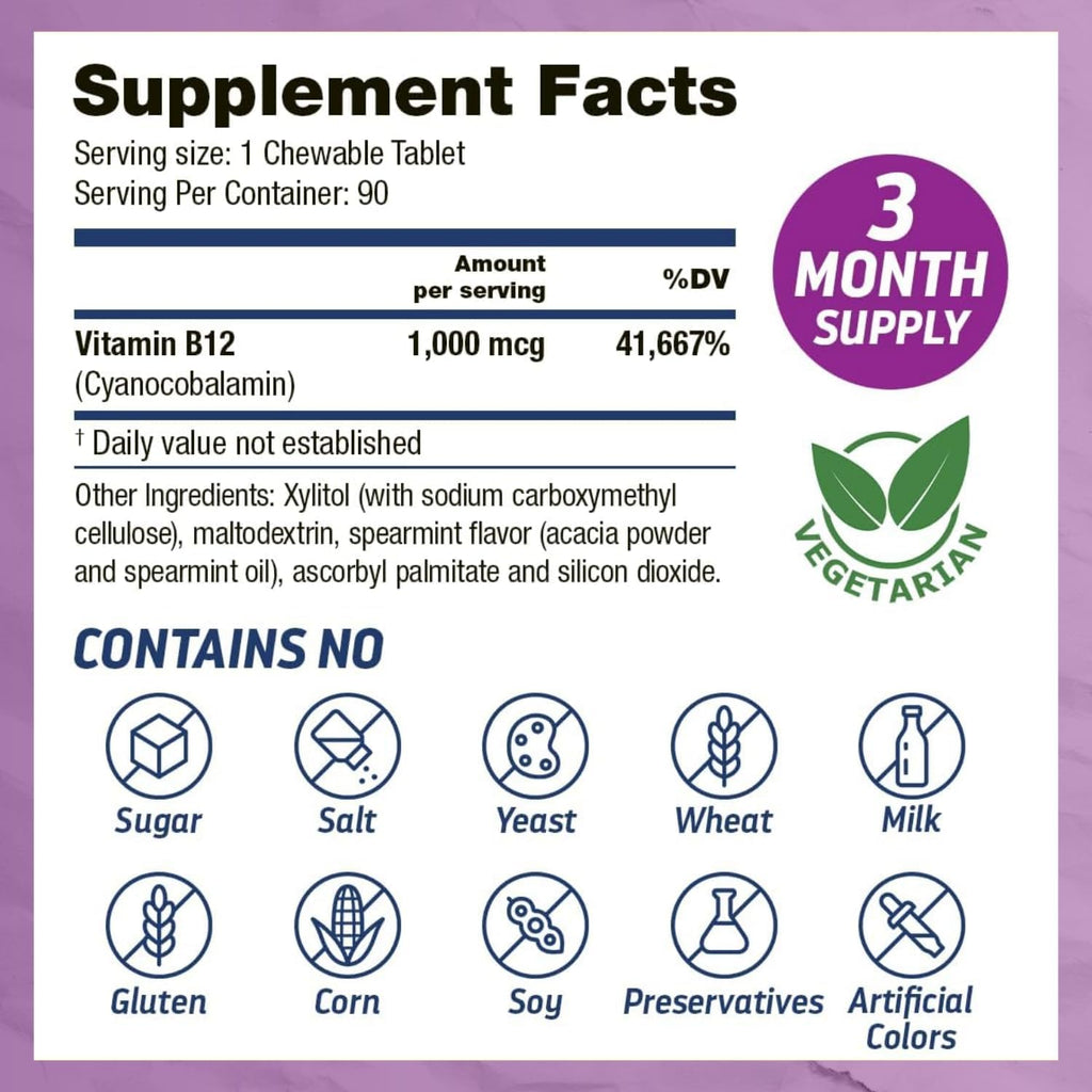 Vitamina B12 1000 mcg – 90 Comprimidos Masticables – Dr’s Hope