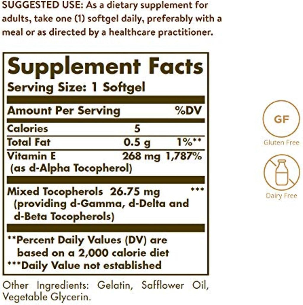 Solgar Vitamin E 268 mg (400 IU) with Mixed Tocopherols, 100 Softgels