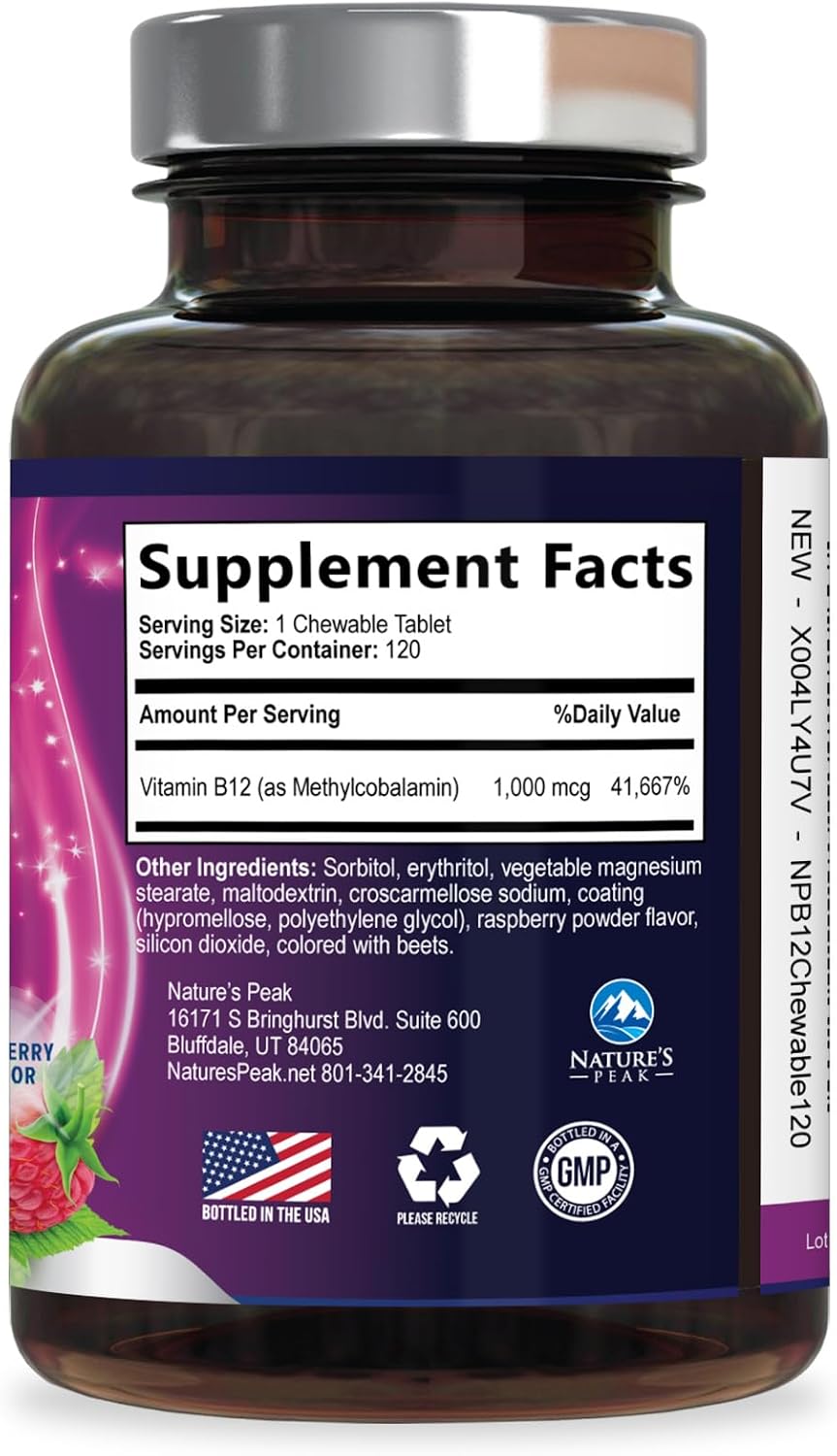 Vitamin B12 Complex (Methylcobalamin) 1000 mcg - Suplemento de Vitamina B12, Metilcobalamina, 120 Tabletas Masticables Sabor Bayas