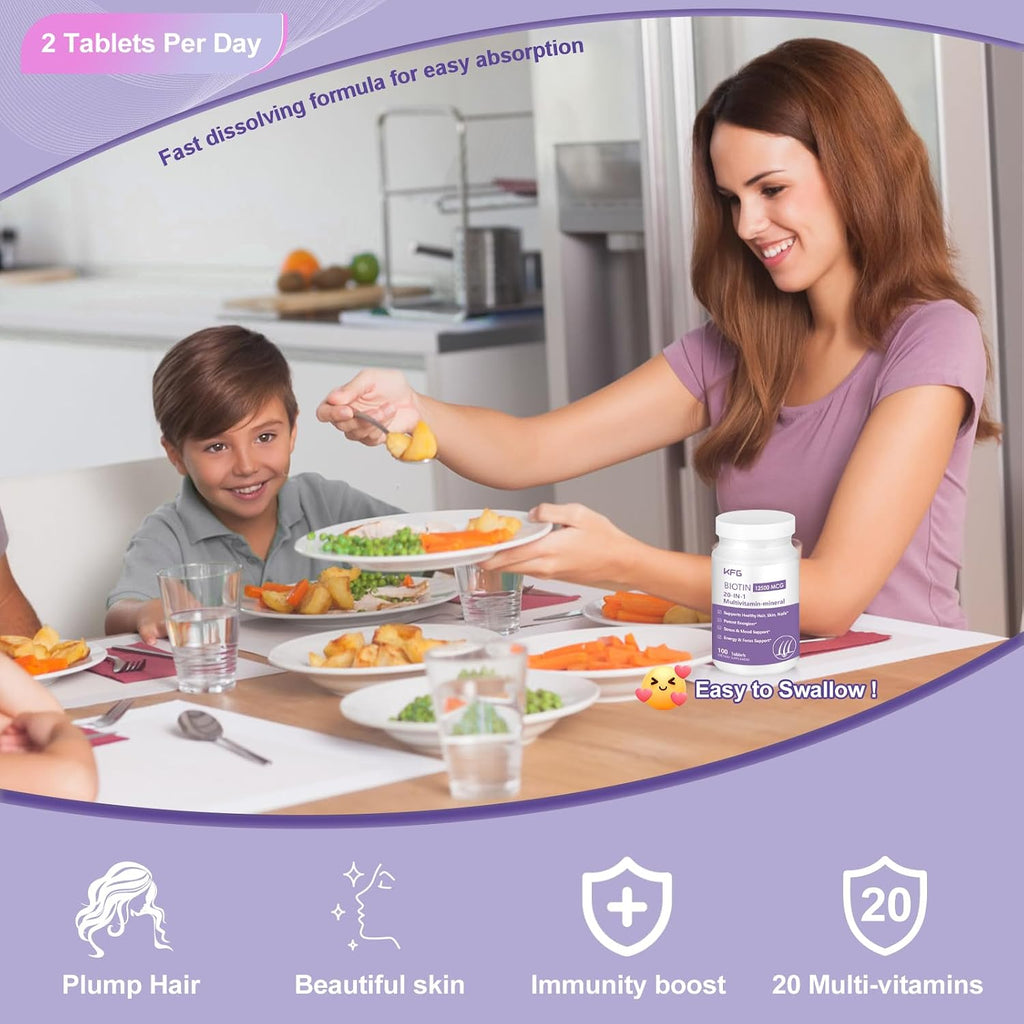 KFG Biotin 10000mcg, Multivitamínico para Mujer con Queratina, Colágeno, Calcio, Niacinamida y Vitaminas A, B, D, C, E - 100 Comprimidos