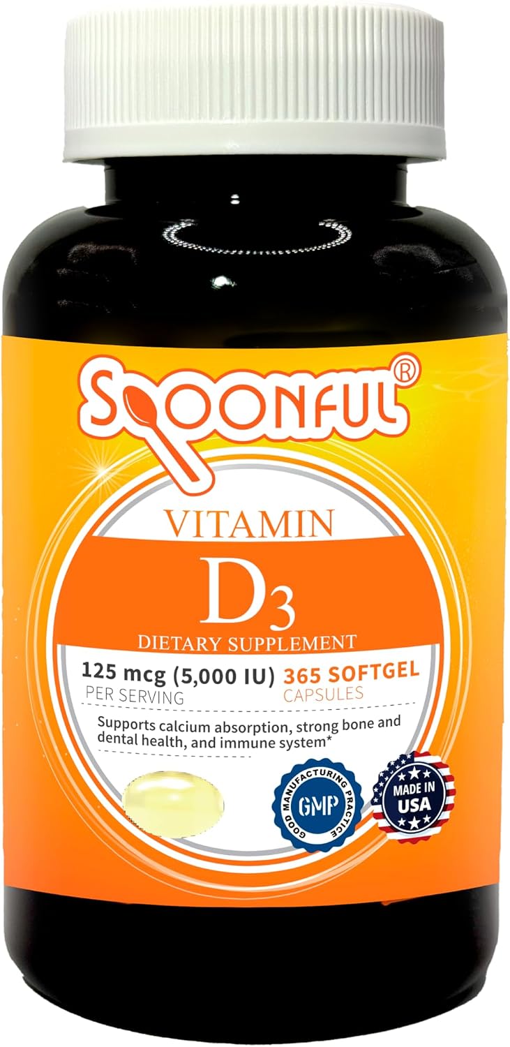Spoonful Vitamina D3 con Aceite de Coco - 365 Cápsulas Blandas, 5000 UI (125 mcg) – Suministro Anual