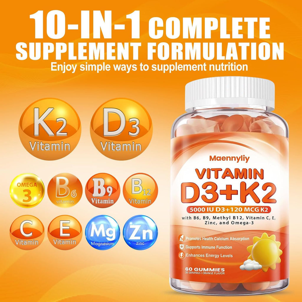 Maennyliy Vitamin D3 K2 Gummies - 5000IU D3 + 120mcg K2 (MK-7) - Sin Azúcar con Omega-3, Metil B12, B9, B6, Vitamina C, E, Magnesio y Zinc