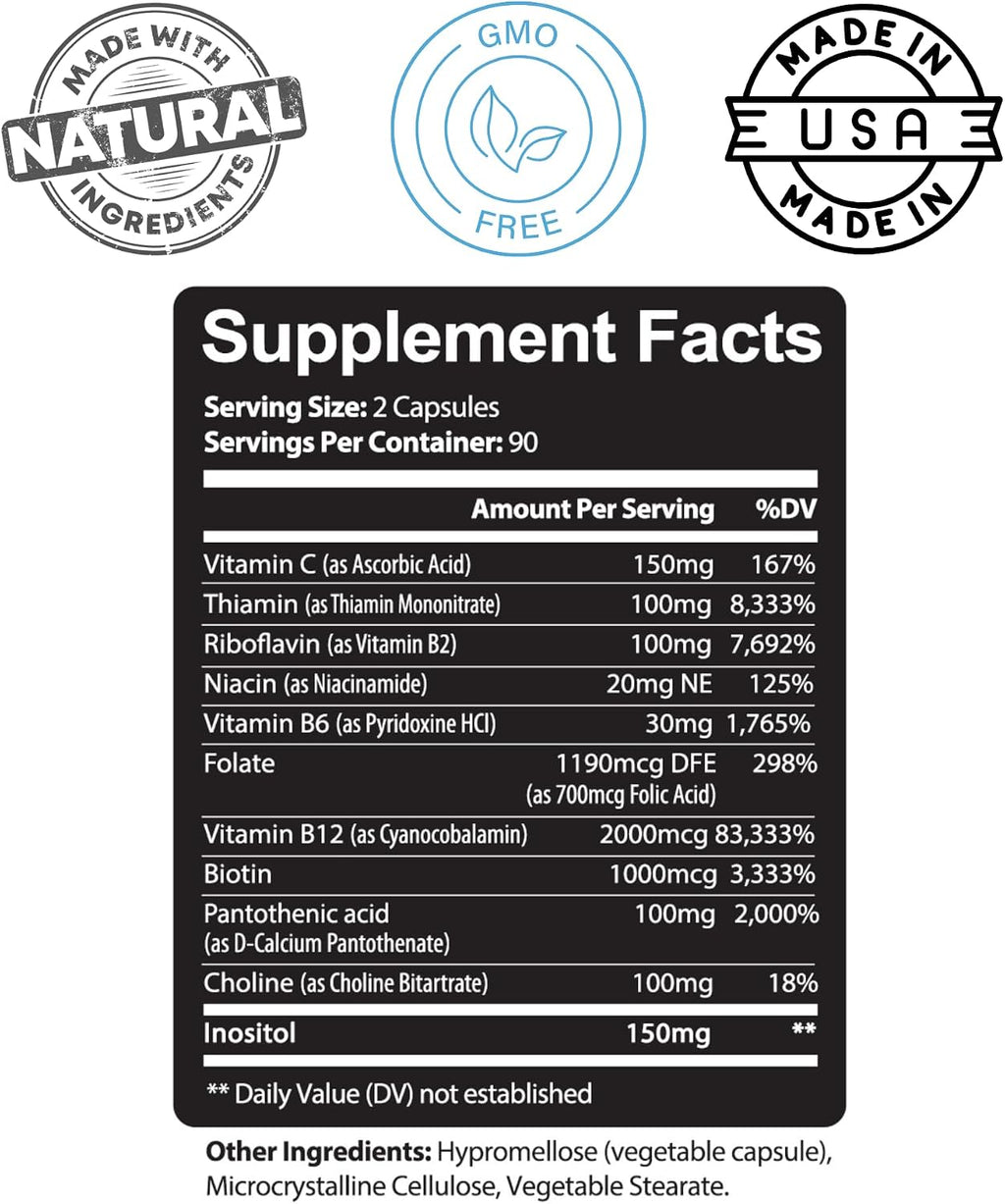 Kaya Naturals B-12 Complex | Multivitamínico para Mujeres y Hombres con Biotina, Colina, Inositol, Folato y Vitamina C - 180 Comprimidos