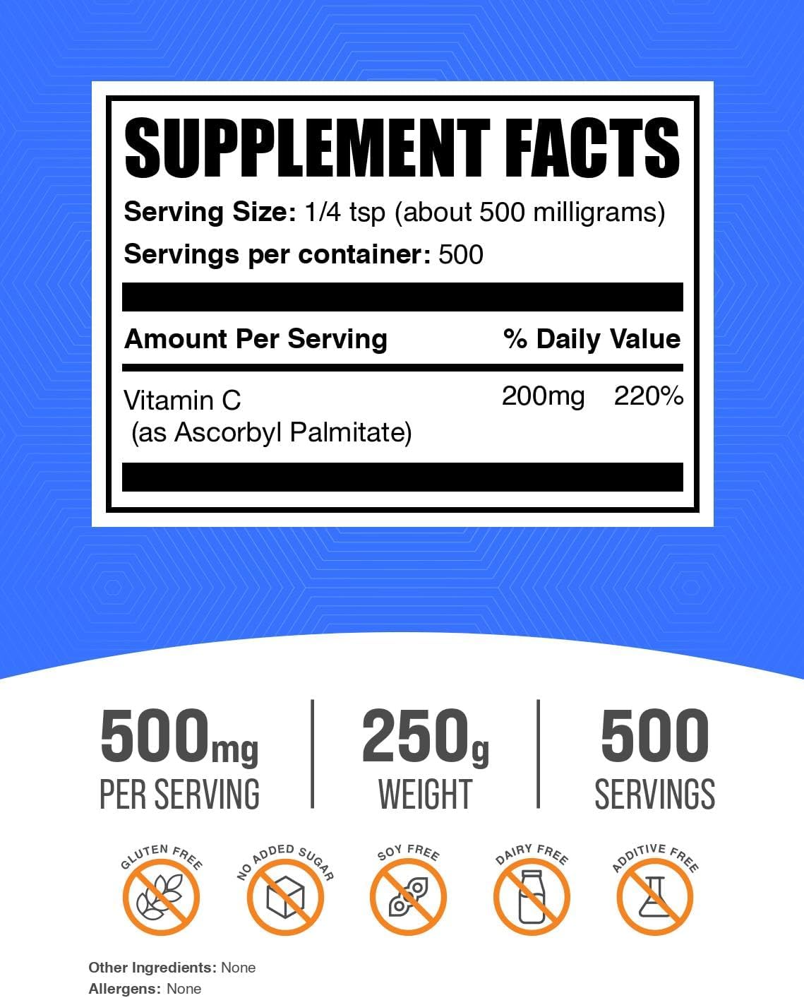 Ascorbyl Palmitate Powder - Vitamin C Ester - Gluten Free - 500mg Per Serving, 250g