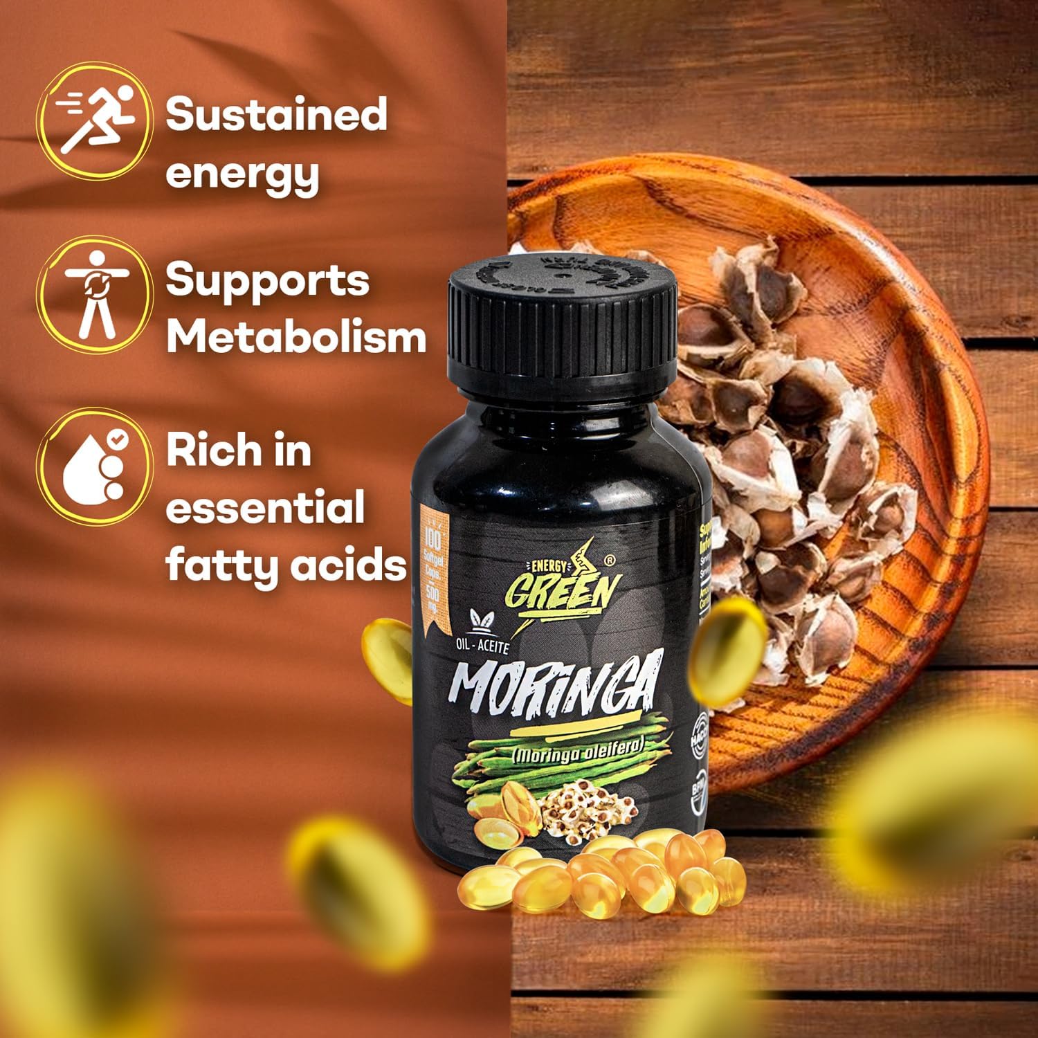 Aceite de Semillas de Moringa en Cápsulas Blandas, 100% Puro, Prensado en Frío, Vegano, No-GMO, 1000mg por Dosis – 100 Cápsulas
