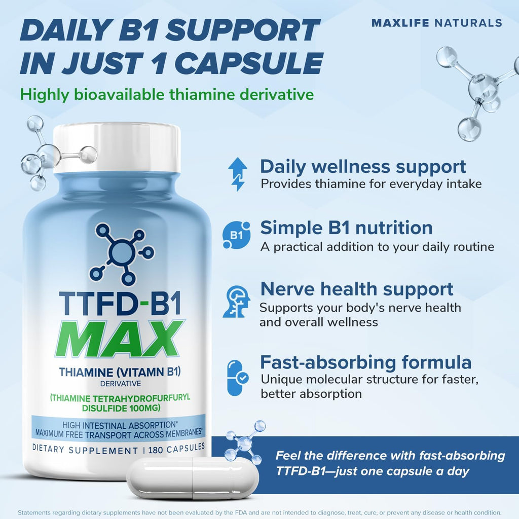 MAXLIFE NATURALS TTFD Tiamina B1 100 mg con Magnesio - 60 Cápsulas
