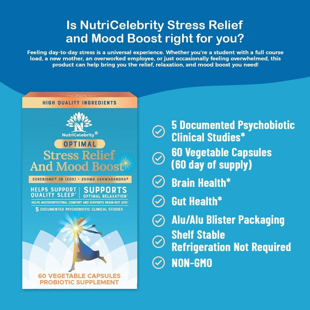 Nutricelebrity Optimal Stress Relief - Suplemento para el Estrés con Ashwagandha y Probióticos, 2 Pack (60 días)
