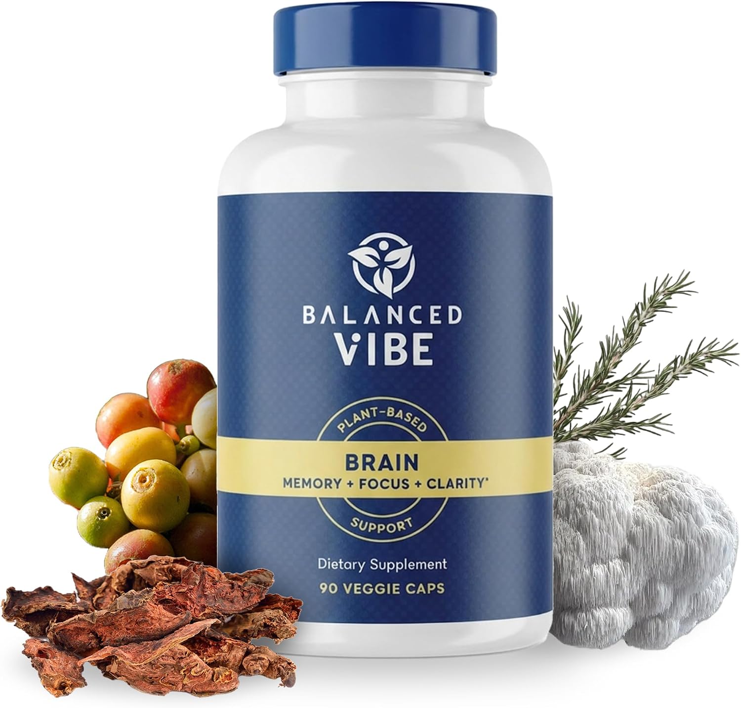 Balanced Vibe Brain Supplement 8 in 1 con Lion's Mane, Bacopa, Rhodiola, Ginkgo para Memoria, Enfoque y Claridad Mental, Sin Estimulantes, Vegano, 90 Cápsulas