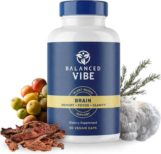 Balanced Vibe Brain Supplement 8 in 1 con Lion's Mane, Bacopa, Rhodiola, Ginkgo para Memoria, Enfoque y Claridad Mental, Sin Estimulantes, Vegano, 90 Cápsulas