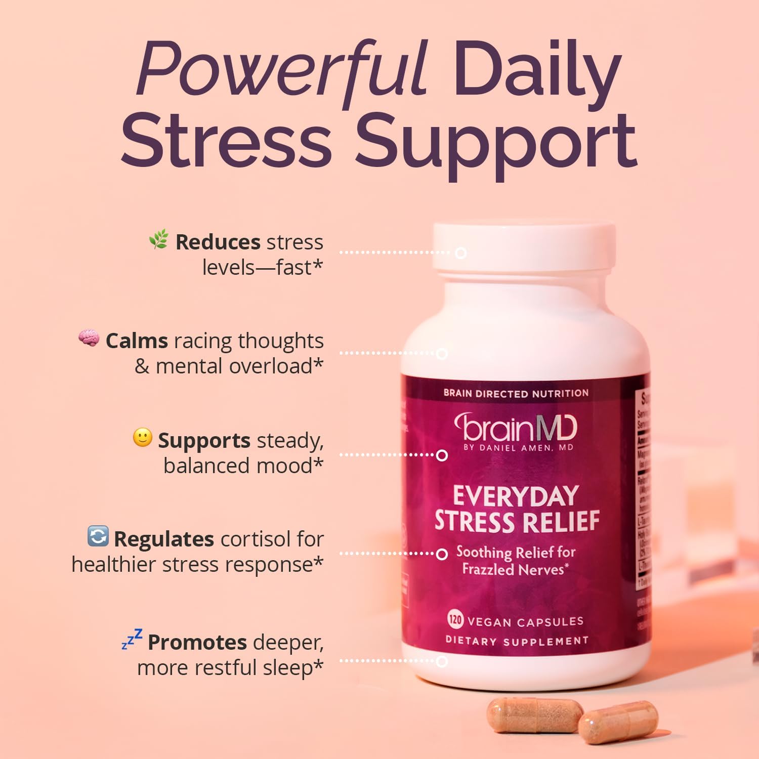 BRAINMD Dr Amen Everyday Stress Relief - 120 Capsules - Promotes Relaxation and Focus - Non-Drowsy - Gluten-Free - 30 Servings