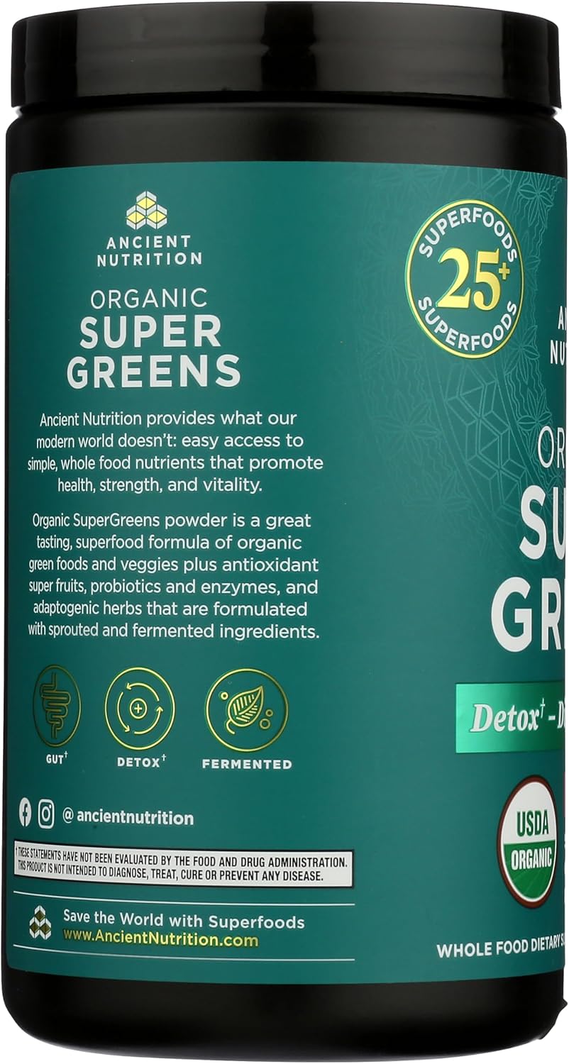 Ancient Nutrition SuperGreens en polvo con probióticos, sabor sandía orgánica, 25 porciones