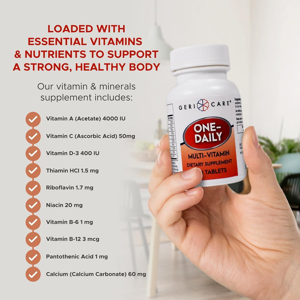 GeriCare One-Daily Multi-Vitamina Tableta, 100 unidades Suplemento multivitamínico para adultos | Suplemento dietético fácil de tomar con vitaminas A, C, D3, B, calcio | Complejo de vitaminas y minerales (paquete de 2)
