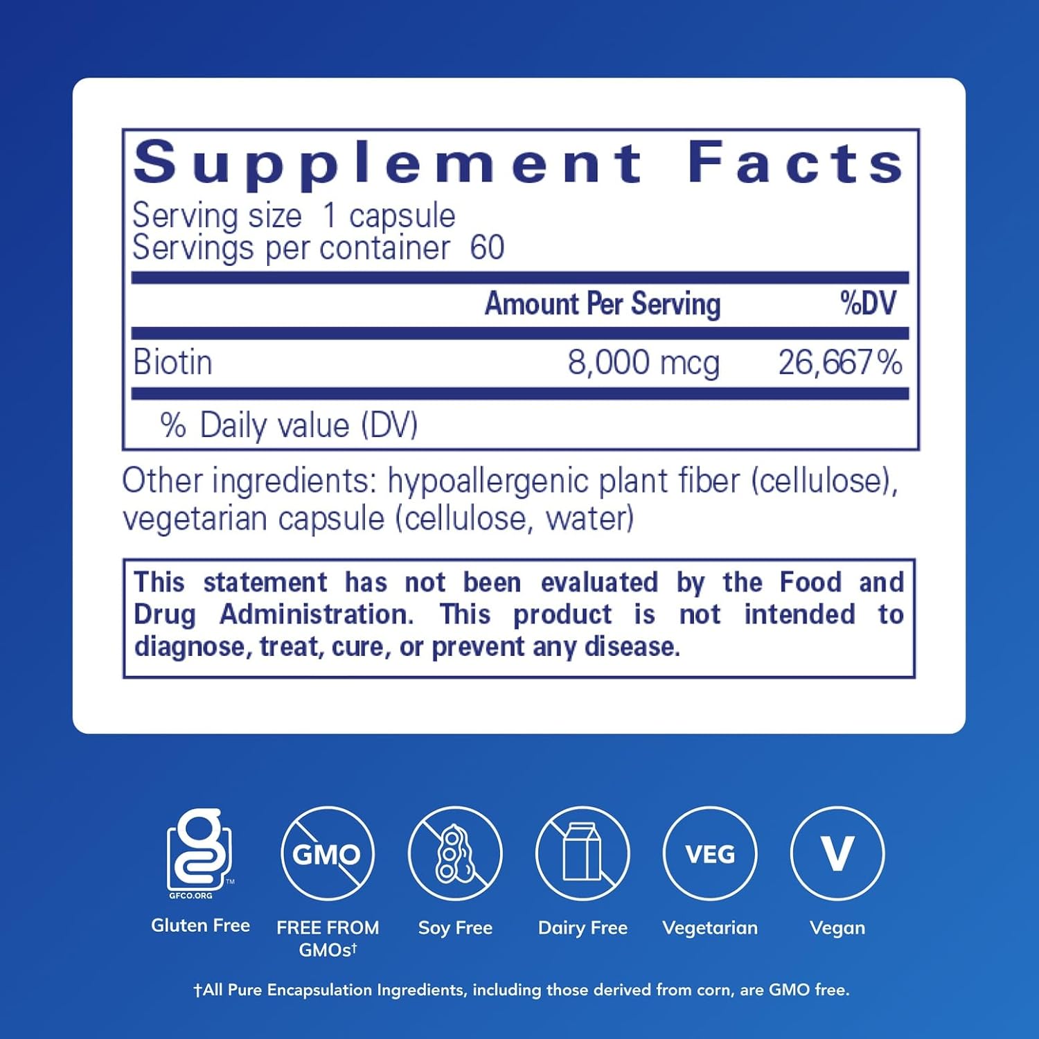Pure Encapsulations Biotina 8 mg, 60 Cápsulas - Suplemento para Cabello, Piel y Uñas