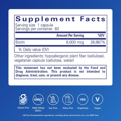 Pure Encapsulations Biotina 8 mg, 60 – La biotina contribuye al mantenimiento de la piel en condiciones normales. – Image 2