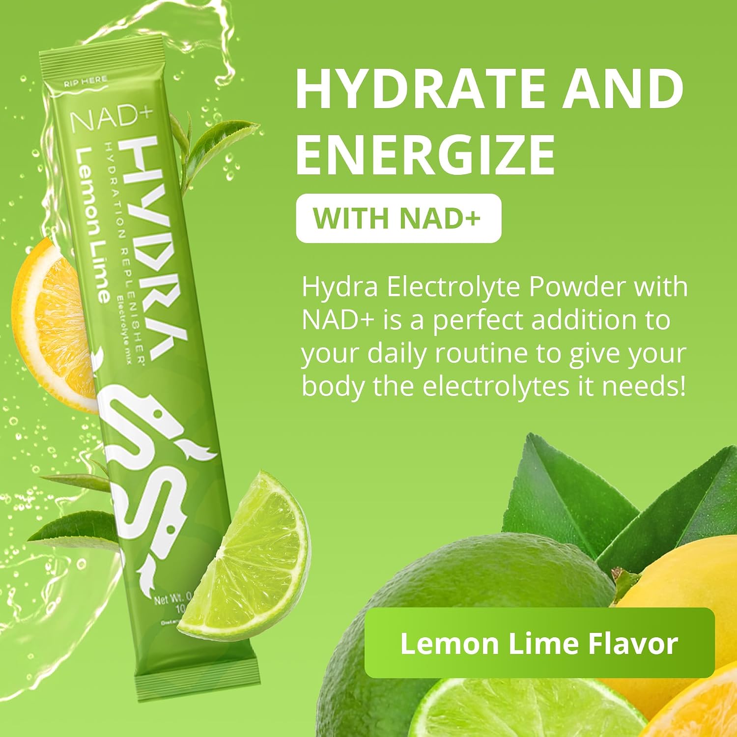Hydra Powders NAD+ Nutrients Electrolyte Powder Packets - 16 Sobres Sabor Lima Limón