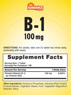 Sundance Vitamin B-1 | 100mg | 100 Comprimidos | Suplemento Esencial de Vitamina B1 | Fórmula Vegetariana, No GMO y Sin Gluten