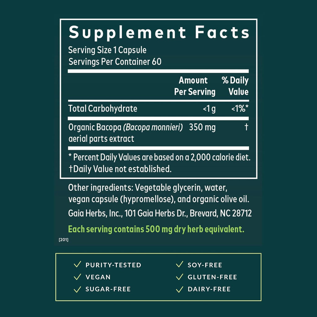 Gaia Herbs Bacopa - Complemento Alimenticio Herbal con Bacopa Monnieri - 60 Cápsulas Líquidas Veganas
