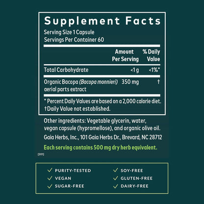 Gaia Herbs Bacopa - Complemento Alimenticio Herbal con Bacopa Monnieri - 60 Cápsulas Líquidas Veganas – Image 3