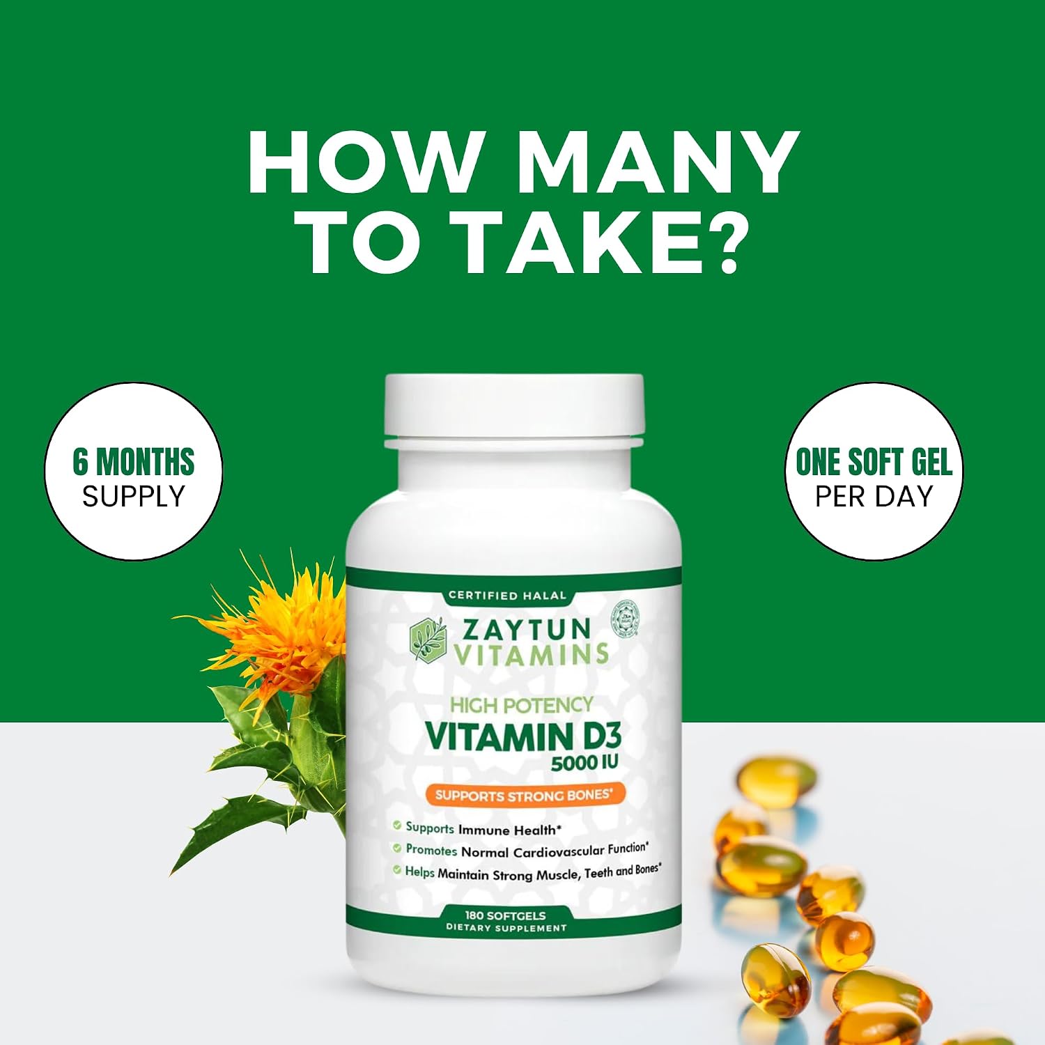 Zaytun Vitamina D3 5000 IU, 180 Cápsulas Blandas - Halal, Sin Gluten, No GMO