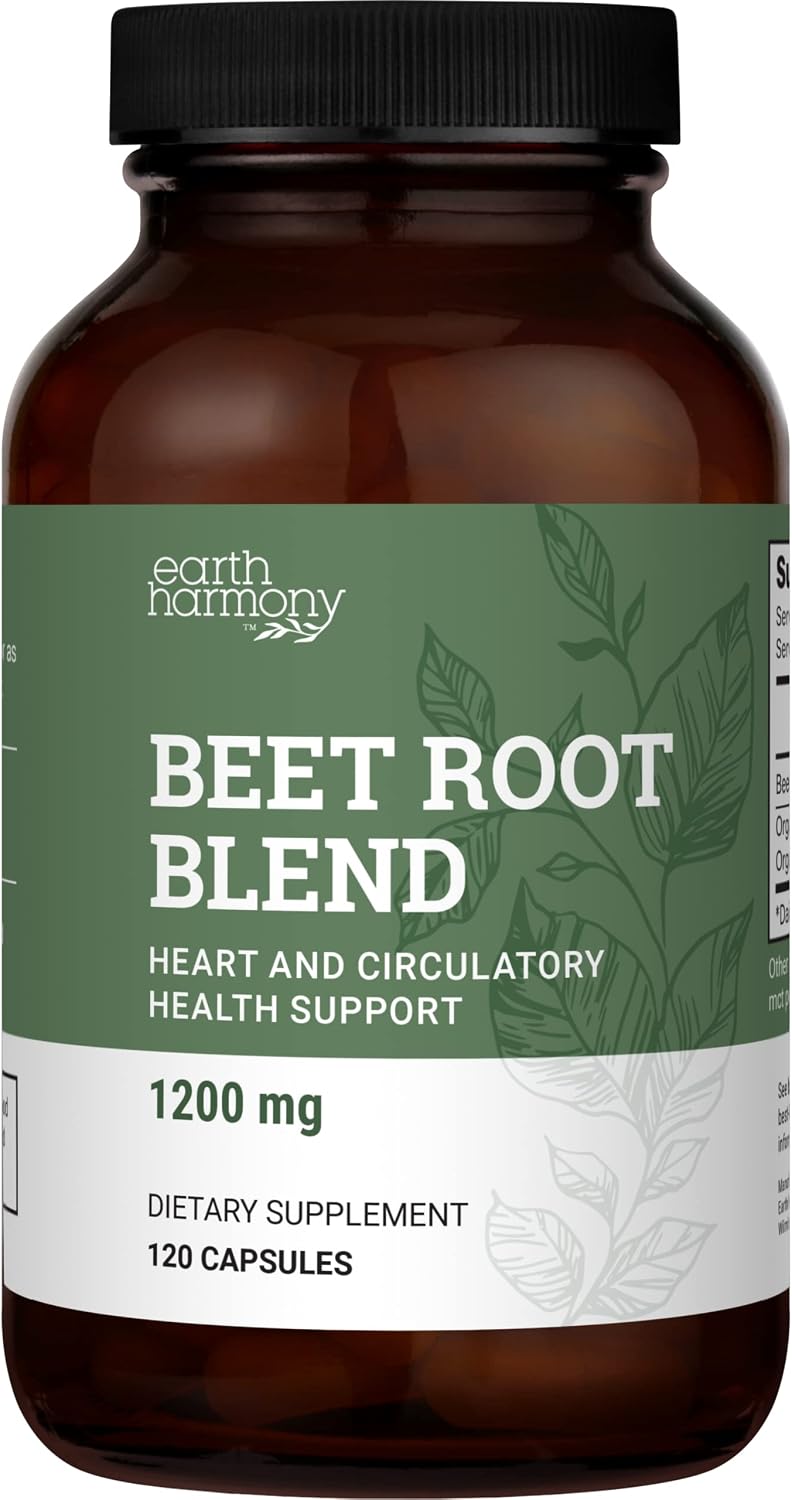 Earth Harmony Naturals Cápsulas de Remolacha Orgánica 1200 mg - Suplemento de Remolacha en Polvo y Jugo para Hombres y Mujeres - 120 Cápsulas