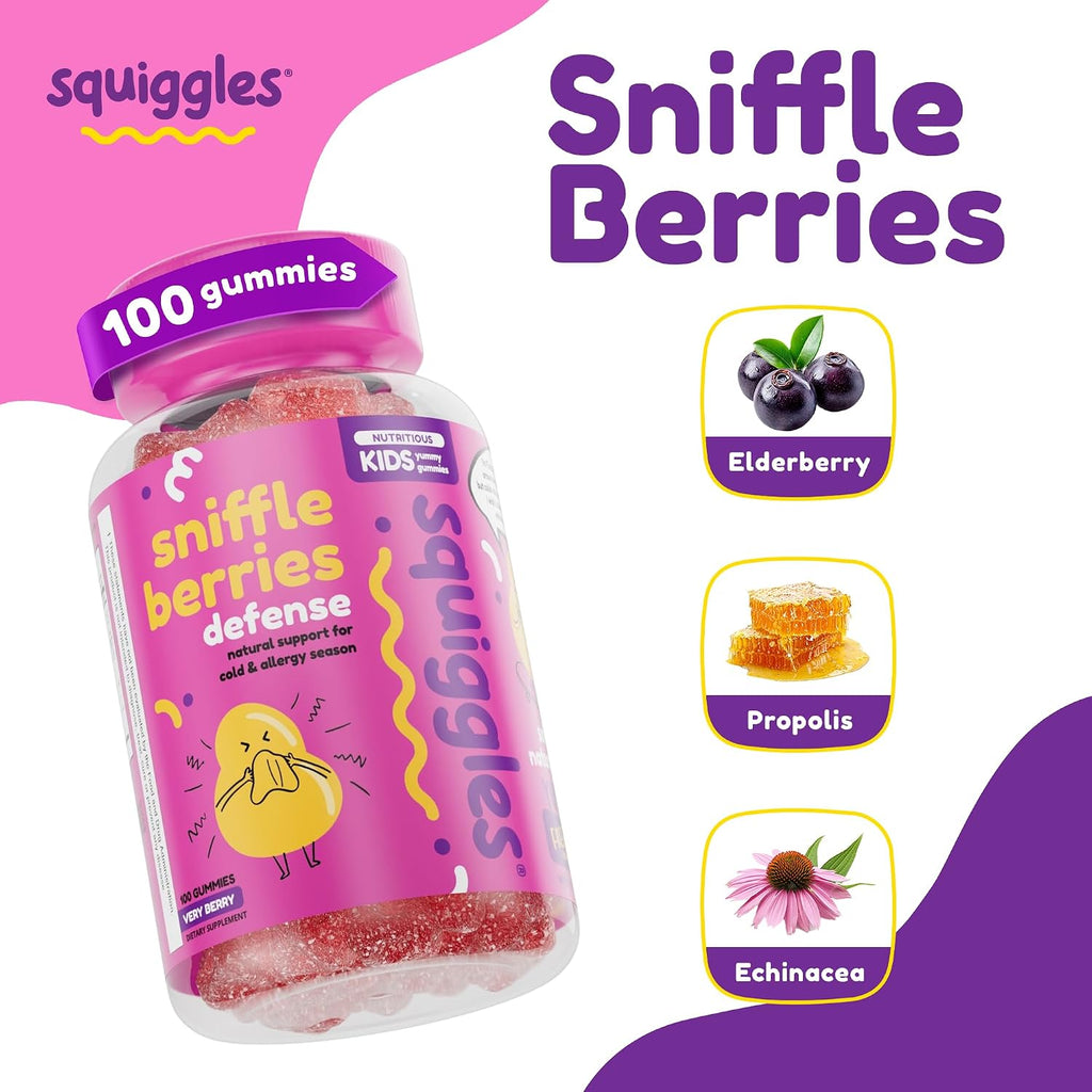 Squiggles Sniffle Berries Gomitas de Saúco, Propóleo y Equinácea para Niños - 100 uds
