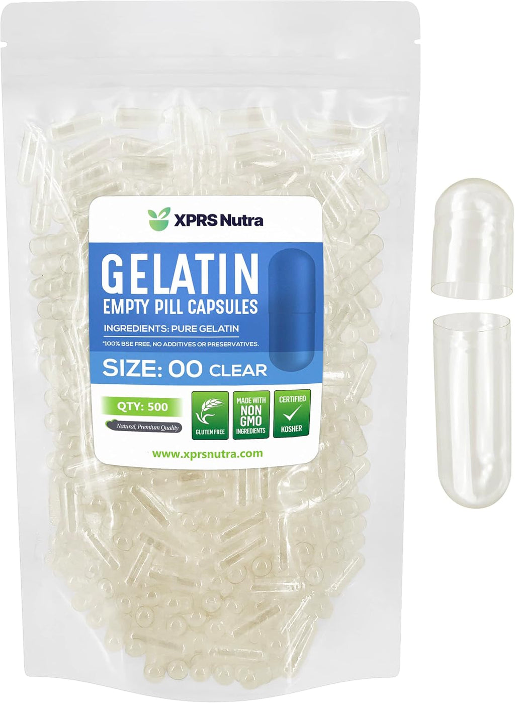XPRS Nutra Cápsulas Vacías Tamaño 00 - 500 uds. Cápsulas de Gelatina Transparentes para Llenar