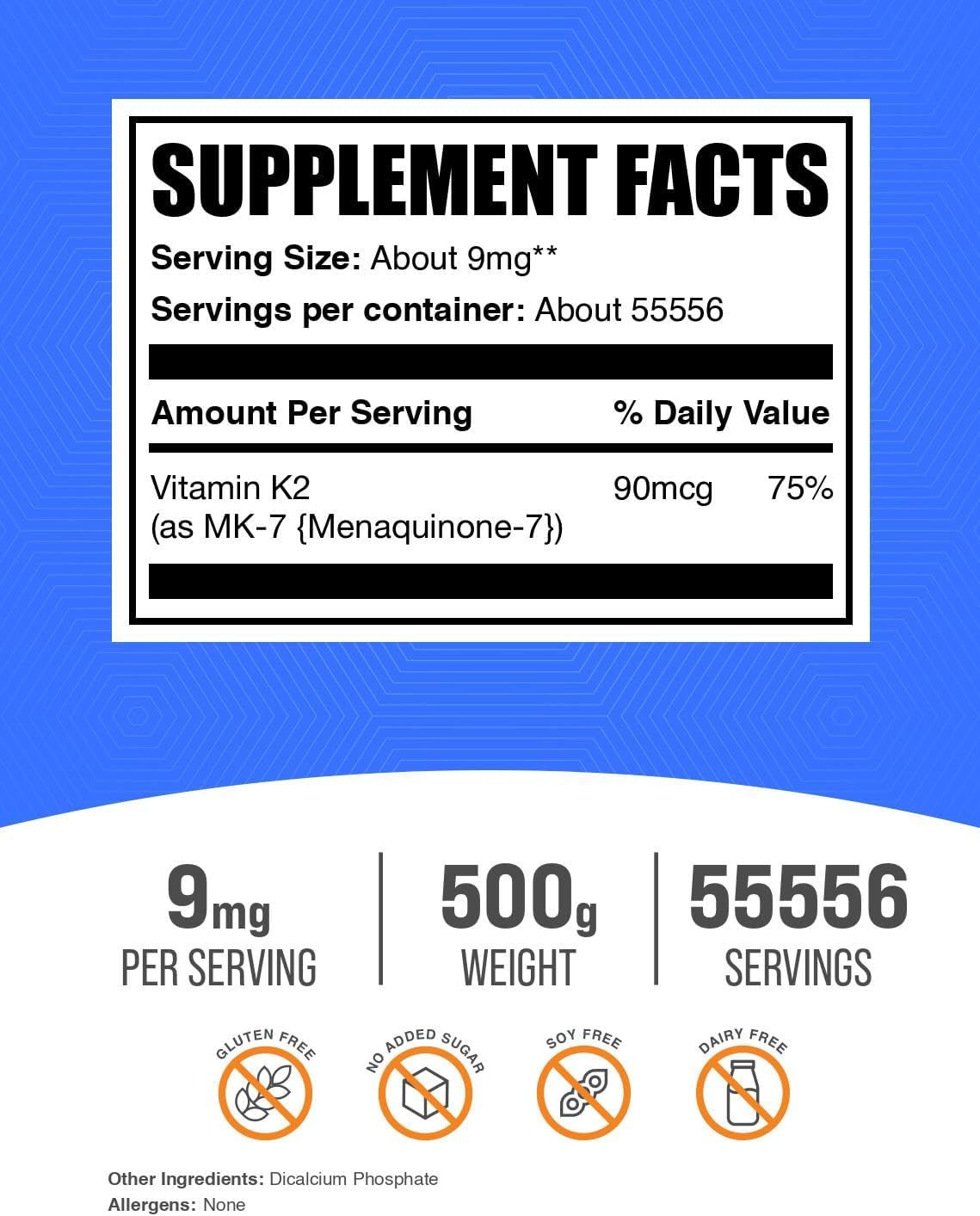 Vitamina K2 MK-7 en Polvo - 500g - BulkSupplements.com
