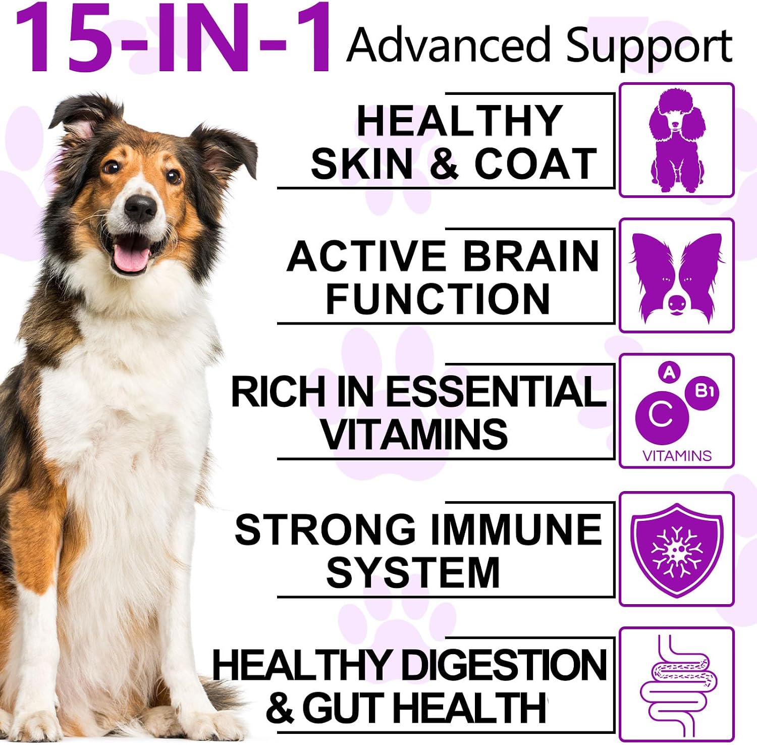 Masticables Multivitamínicos 15 en 1 para Perros con Glucosamina y Probióticos – 150 unidades