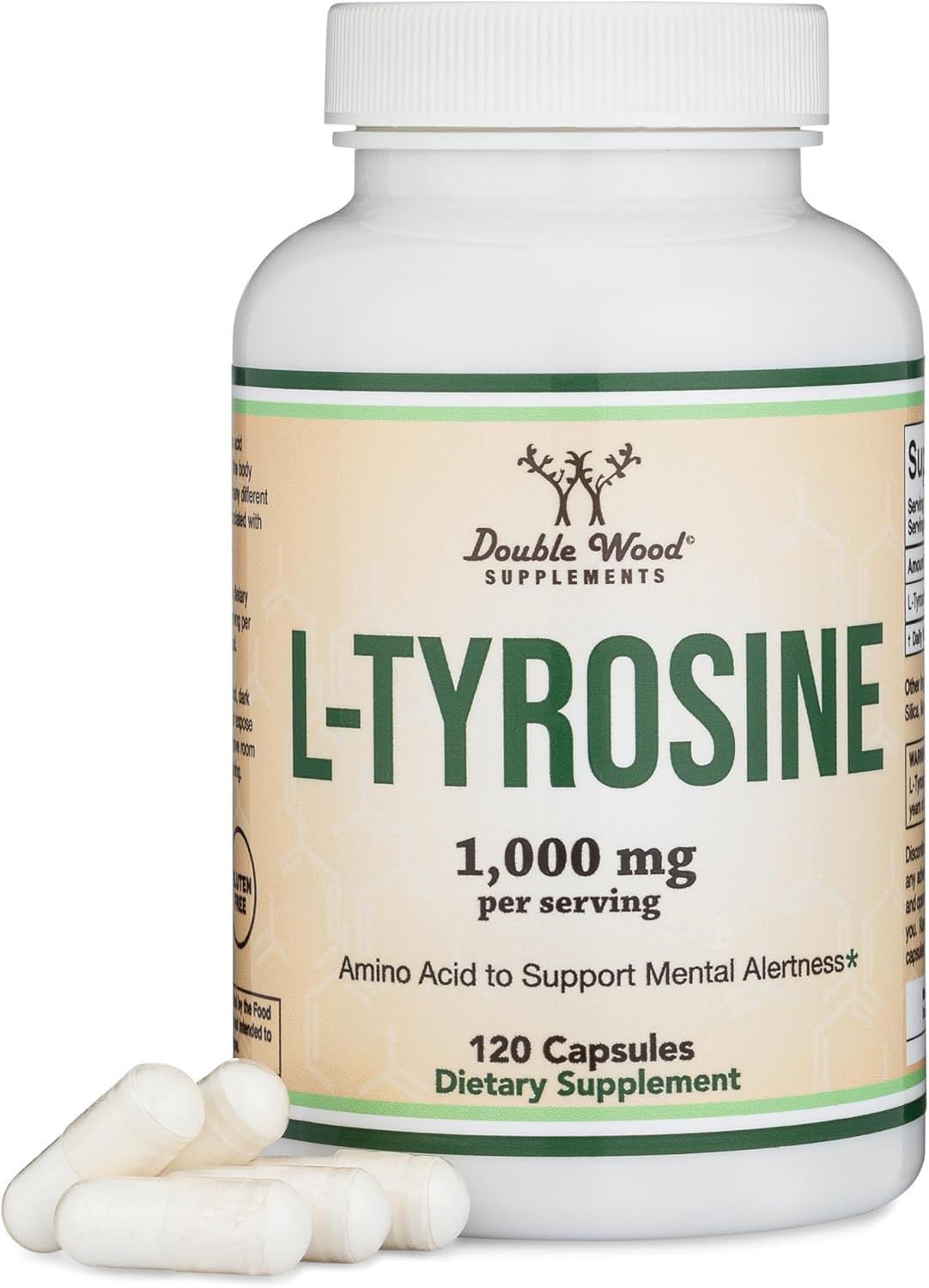 L-Tirosina 1.000 mg por dosis, 120 Cápsulas Vegetales (L-Tyrosine para Memoria, Atención y Enfoque) Aminoácido, Vegano, No-GMO por Double Wood