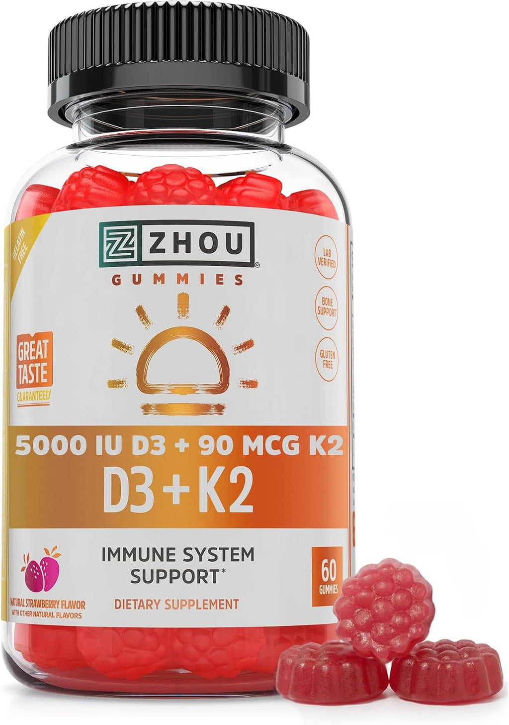 Zhou D3+K2 - Suplemento de Vitamina D3 y K2 con 5000 UI y MK-7, Gominolas Veganas (60 unidades)