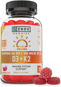 Zhou D3+K2 - Suplemento de Vitamina D3 y K2 con 5000 UI y MK-7, Gominolas Veganas (60 unidades)