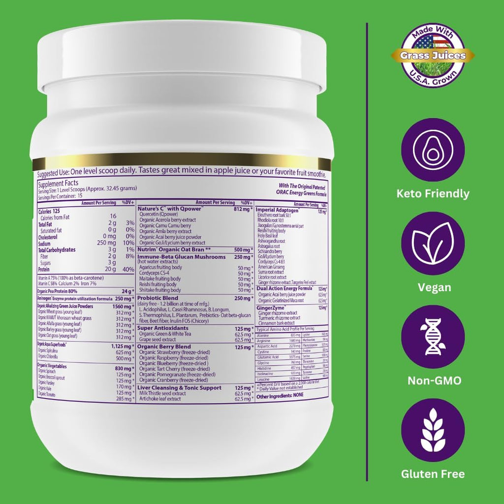 Paradise Herbs ORAC Energy Protein & Greens Powder, Proteína y Verdes en Polvo sin Sabor, 15 porciones