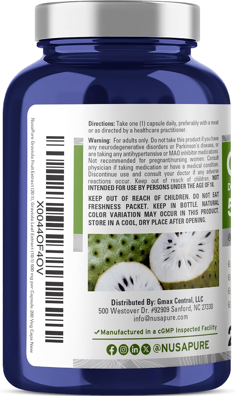 NusaPure Graviola Cápsulas, 500 mg, 200 Cápsulas Veganas (No Transgénicas, Vegano)