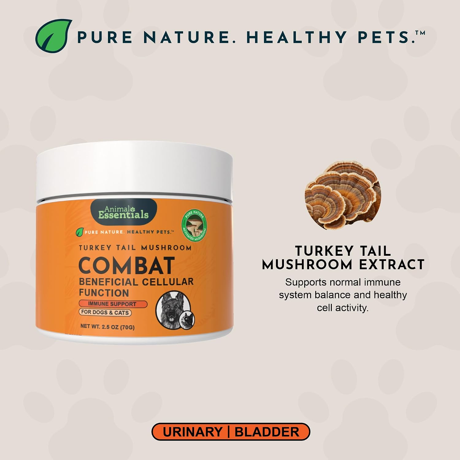 Animal Essentials Combat - Suplemento de Cola de Pavo Orgánico para Perros y Gatos - Defensa Inmune Crítica, Apoya la Función Cognitiva, Extracto en Polvo - 70 g