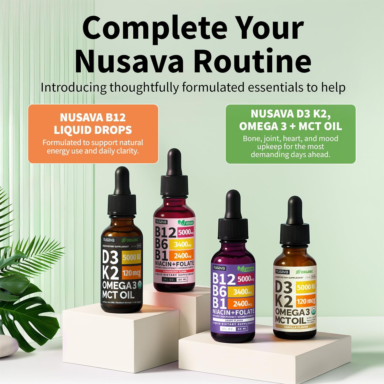 NUSAVA (2 Pack) Gotas Líquidas de Vitamina B12 5000mcg - Sublingual con B6 y Complejo B - Metilcobalamina para Mujeres y Hombres - Suplemento Vegano, Sin OGM, Sabor Naranja Carmesí (2 Fl Oz, 80 Servicios)