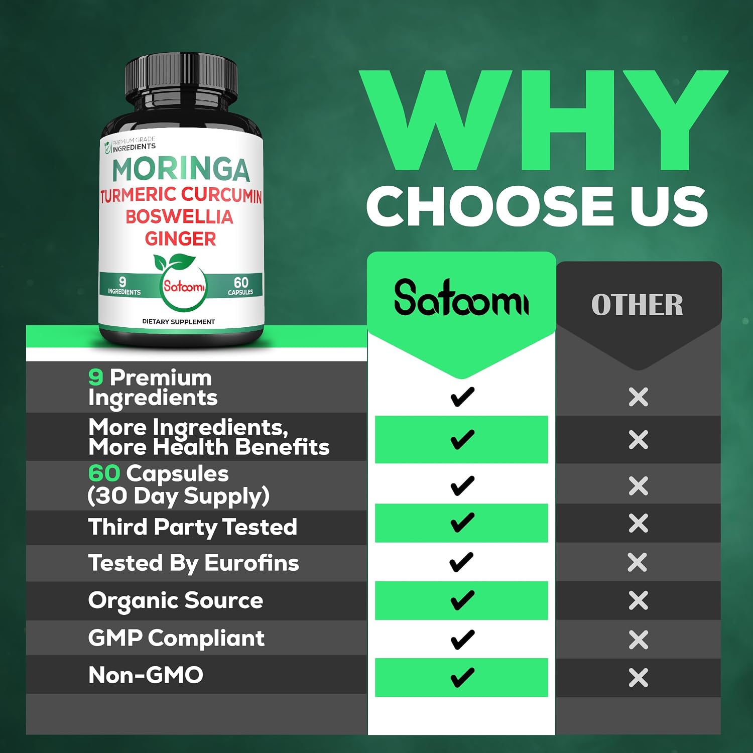 Satoomi 9in1 Cápsulas de Moringa - Complejo de 9 Ingredientes Naturales (60 Cápsulas)