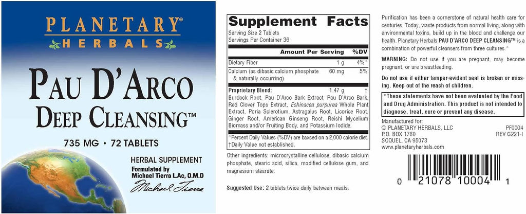 Planetary Herbals - Pau D'Arco 735 mg, 72 Comprimidos