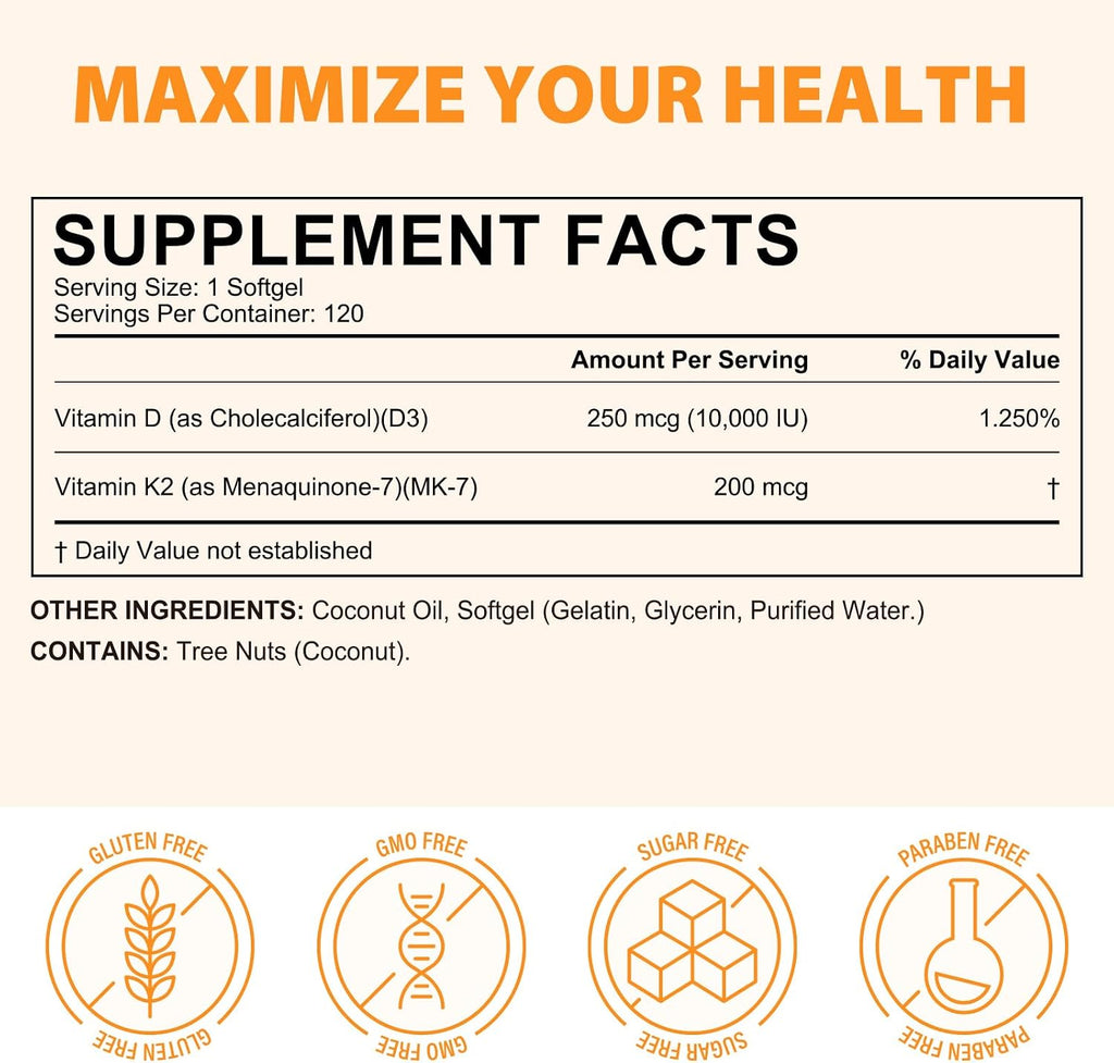 Vitamina D3 K2 10000 UI + 200 mcg MK-7, 120 Softgels - flasture