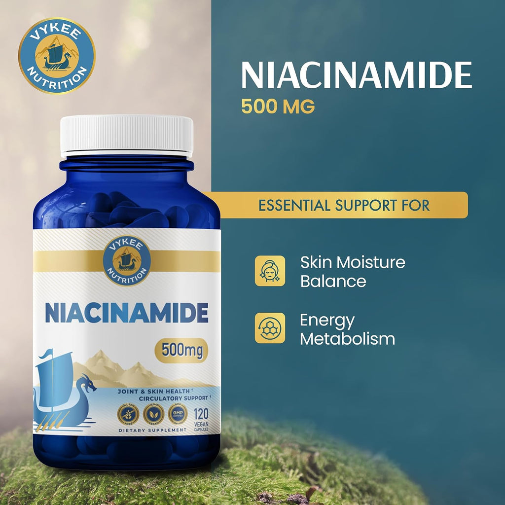 Vykee Nutrition Niacinamida 500 mg - Complemento de Vitamina B3 para el Bienestar de la Piel, Energía Celular y Apoyo Metabólico - Vegano, Sin OGM, Sin Gluten - 120 Cápsulas