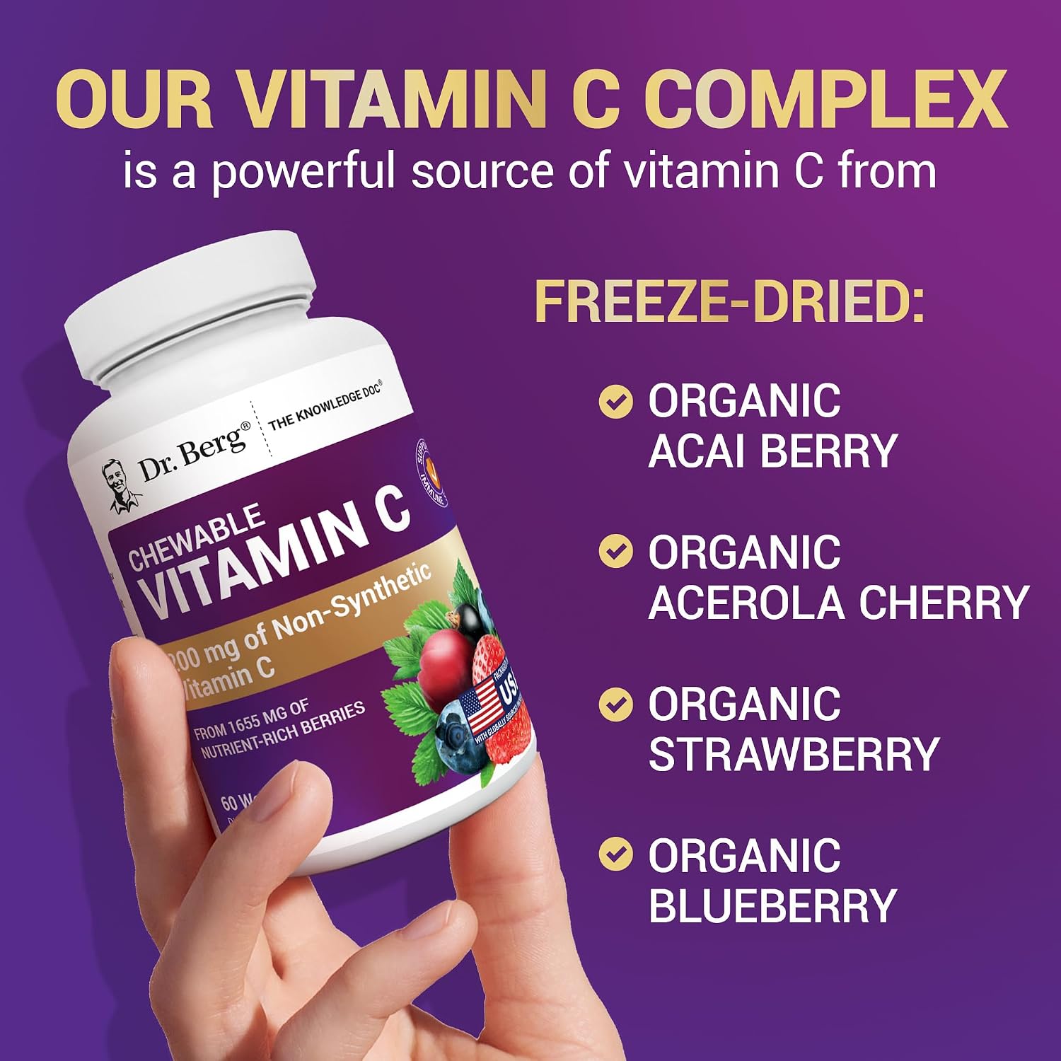 Dr. Berg Complejo de Vitamina C Masticable - Elaborado con Bayas Orgánicas No-GMO - 60 Deliciosas Pastillas