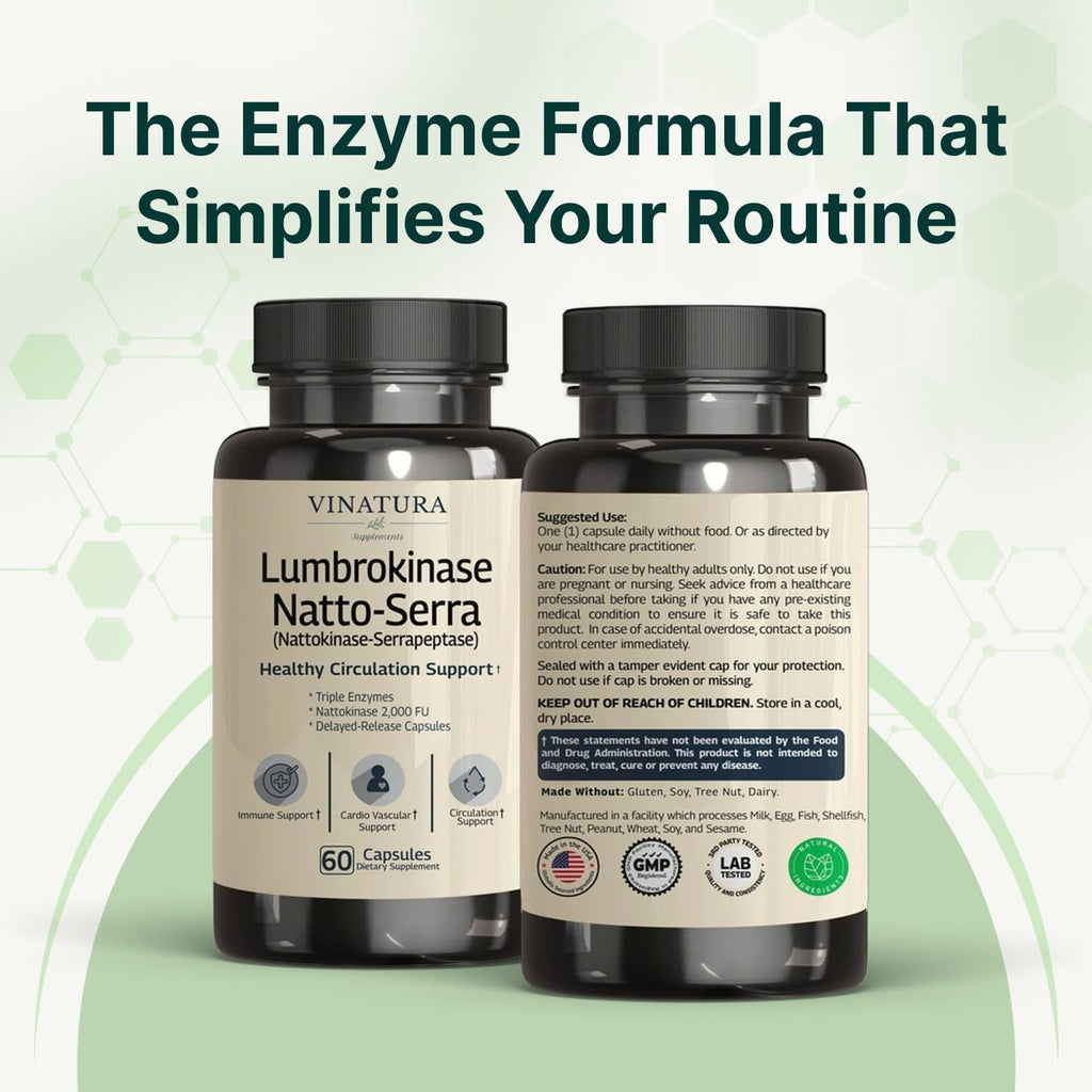 VINATURA Lumbrokinase Serrapeptase Nattokinase - 2000 FU, Enzimas para la Circulación Sanguínea, 60 Cápsulas